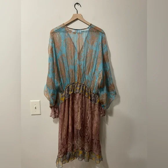 Zimmerman Realm Plunge Draw Bohemian Paisley Silk Ruffle High Low Dress Large